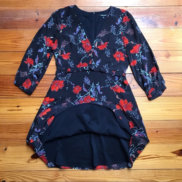 Madewell Black Red Silk Floral V-Neck Dress, EUC, 4 - Picture 12 of 16